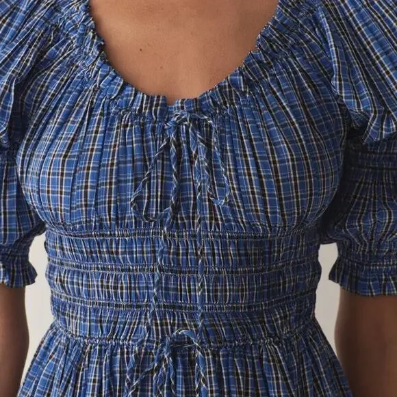 NWT Doen Ischia Cotton Voile Smocked Midi Maxi Dress Cassis Check Blue Plaid - Picture 6 of 16